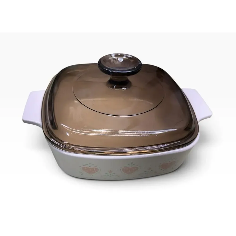 Vtg Corning Ware Forever Yours Hearts Casserole Dish 2-Liter w/ Brown Lid A-2-B
